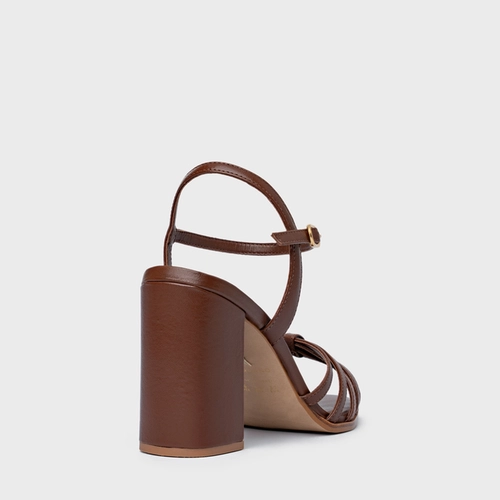 Sandália Lines Salto Bloco Alto Couro Marrom Walnut