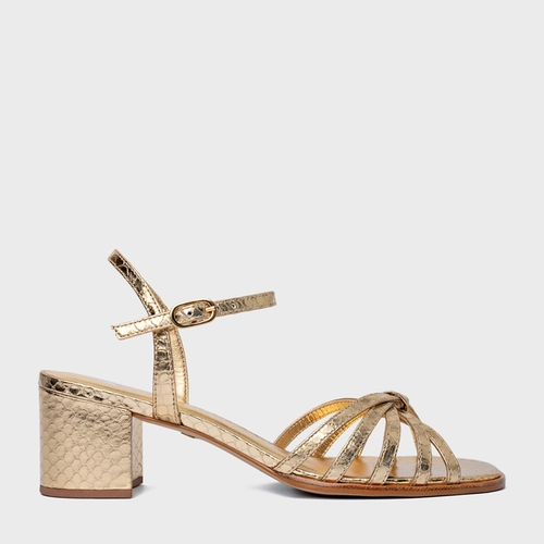 Sandália Lines Salto Bloco Couro Snake Metalizado Dourado