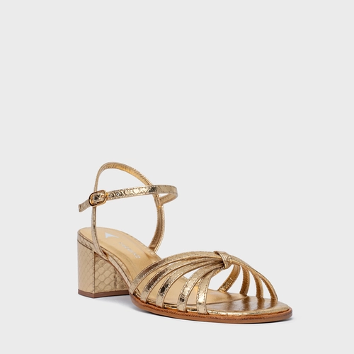Sandália Lines Salto Bloco Couro Snake Metalizado Dourado