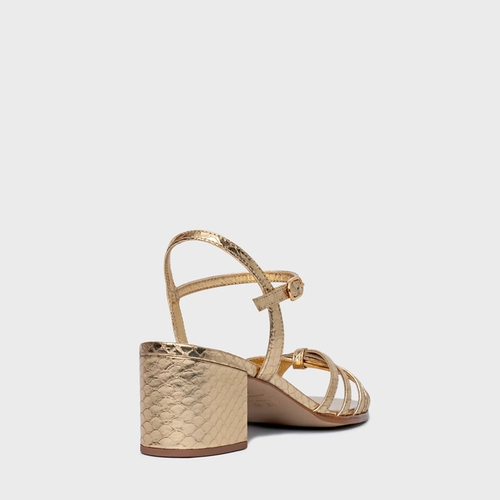 Sandália Lines Salto Bloco Couro Snake Metalizado Dourado