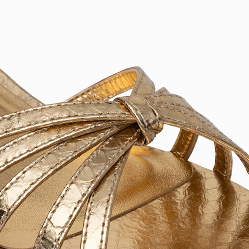 Sandália Lines Salto Bloco Couro Snake Metalizado Dourado