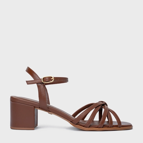 Sandália Lines Salto Bloco Couro Marrom Walnut