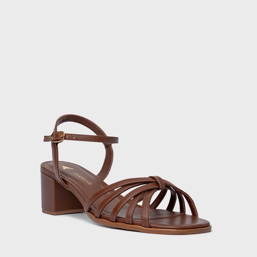 Sandália Lines Salto Bloco Couro Marrom Walnut