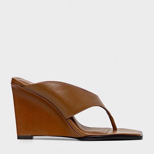 Open Mule Thong Anabela Couro Marrom Gingerbread
