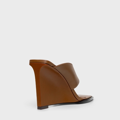 Open Mule Thong Anabela Couro Marrom Gingerbread