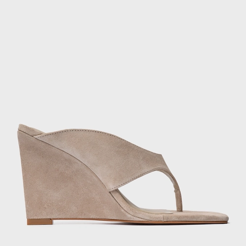 Open Mule Thong Anabela Couro Suede Bege Oatmeal
