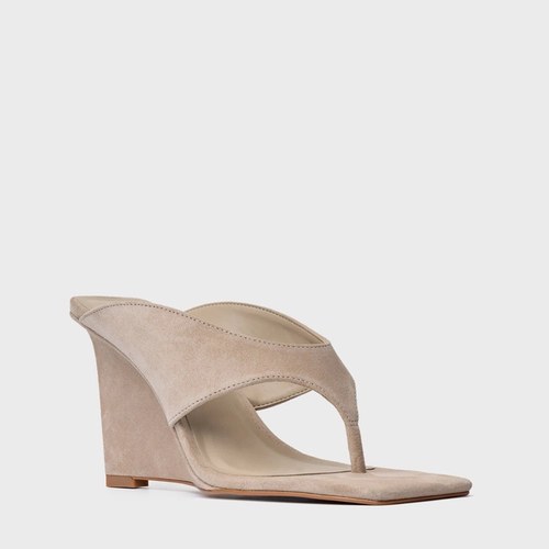 Open Mule Thong Anabela Couro Suede Bege Oatmeal
