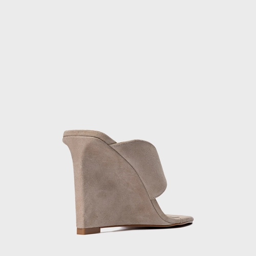 Open Mule Thong Anabela Couro Suede Bege Oatmeal
