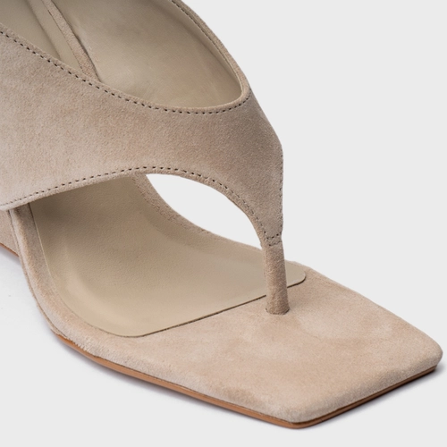 Open Mule Thong Anabela Couro Suede Bege Oatmeal
