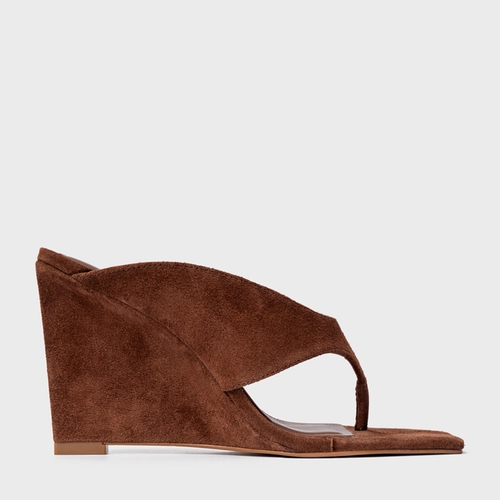 Open Mule Thong Anabela Couro Suede Marrom Walnut