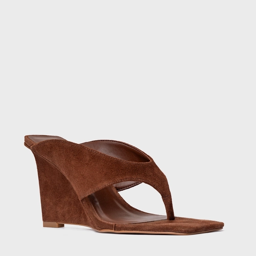 Open Mule Thong Anabela Couro Suede Marrom Walnut