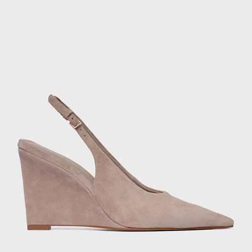 Scarpin Slingback Anabela Couro Suede Bege Oatmeal