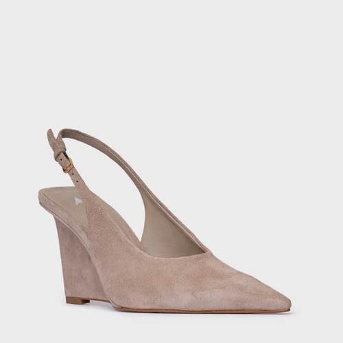 Scarpin Slingback Anabela Couro Suede Bege Oatmeal