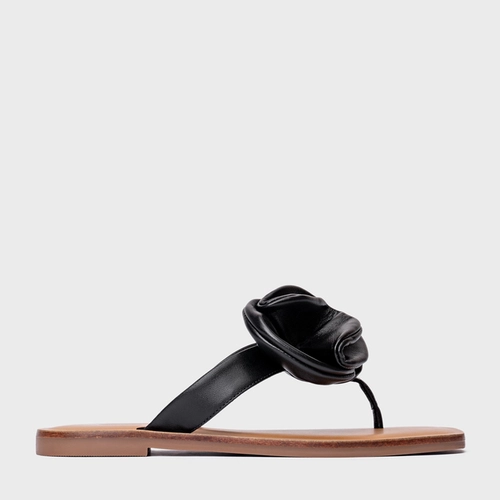 Rasteira Flower Couro Preto