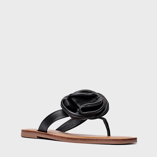 Rasteira Flower Couro Preto