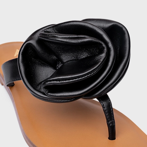 Rasteira Flower Couro Preto