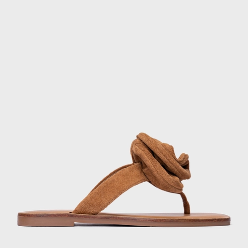 Rasteira Flower Couro Suede Marrom Saddle