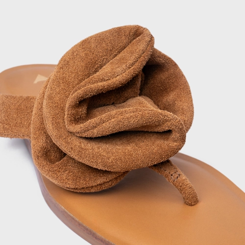 Rasteira Flower Couro Suede Marrom Saddle