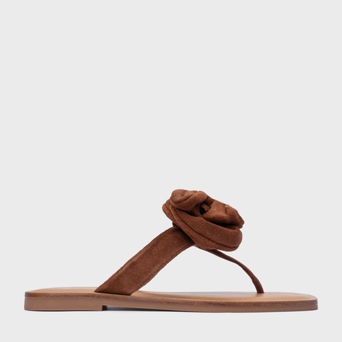 Rasteira Flower Couro Suede Marrom Walnut