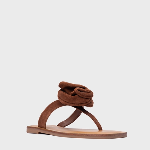 Rasteira Flower Couro Suede Marrom Walnut