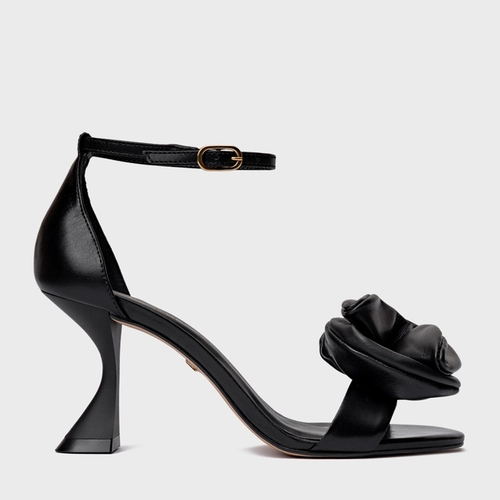 Sandália Flower Salto Sculpt Couro Preto