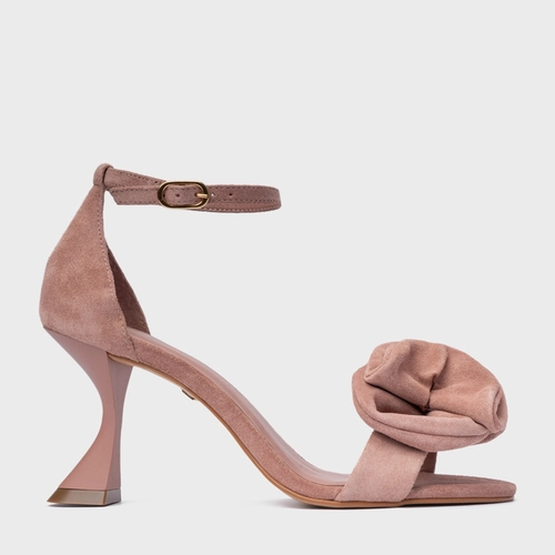 Sandália Flower Salto Sculpt Couro Suede Rosa Ballet