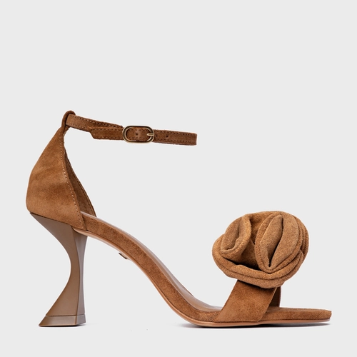 Sandália Flower Salto Sculpt Couro Suede Marrom Saddle
