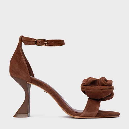 Sandália Flower Salto Sculpt Couro Suede Marrom Walnut