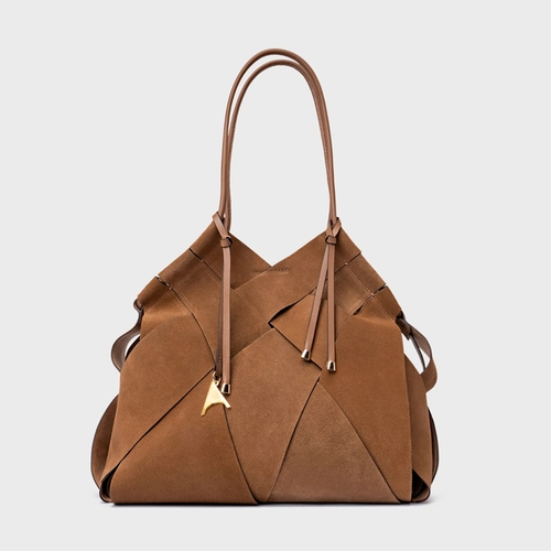 Bolsa Hobo Interlace Couro Suede Marrom Saddle