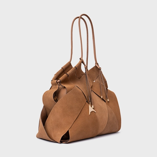 Bolsa Hobo Interlace Couro Suede Marrom Saddle