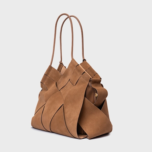Bolsa Hobo Interlace Couro Suede Marrom Saddle