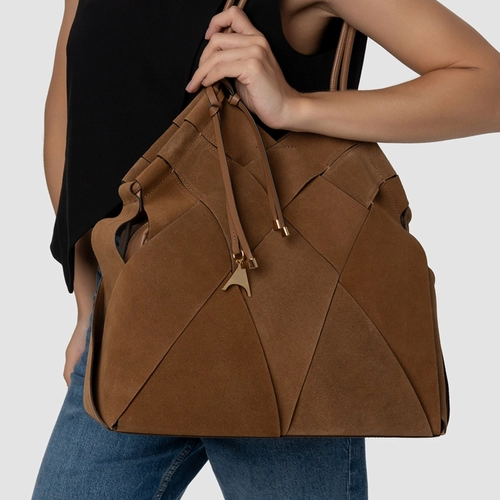 Bolsa Hobo Interlace Couro Suede Marrom Saddle