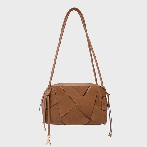 Bolsa Shoulder Interlace Média Couro Suede Marrom Saddle