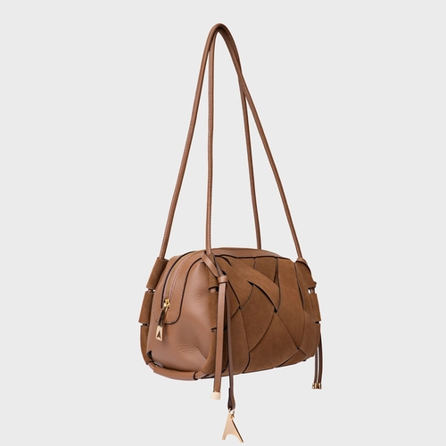 Bolsa Shoulder Interlace Média Couro Suede Marrom Saddle