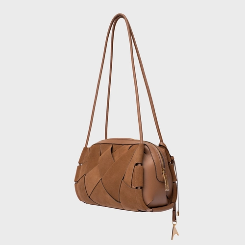 Bolsa Shoulder Interlace Média Couro Suede Marrom Saddle