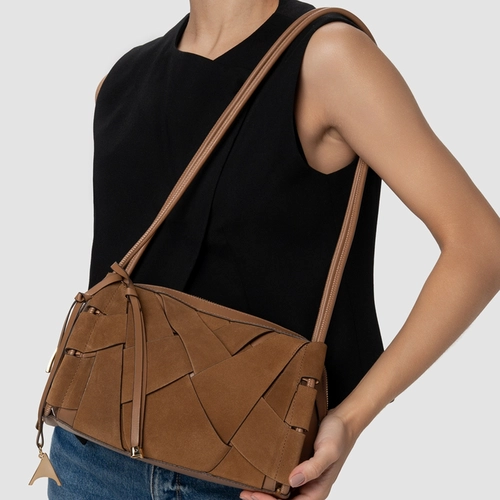 Bolsa Shoulder Interlace Média Couro Suede Marrom Saddle