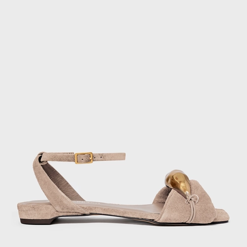 Sandália Rasteira Gold Couro Suede Bege Oatmeal