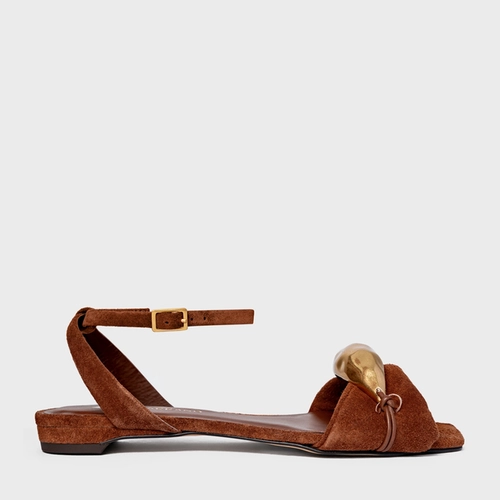 Sandália Rasteira Gold Couro Suede Marrom Walnut