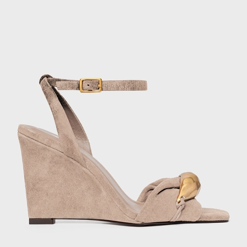 Sandália Gold Anabela Couro Suede Bege Oatmeal
