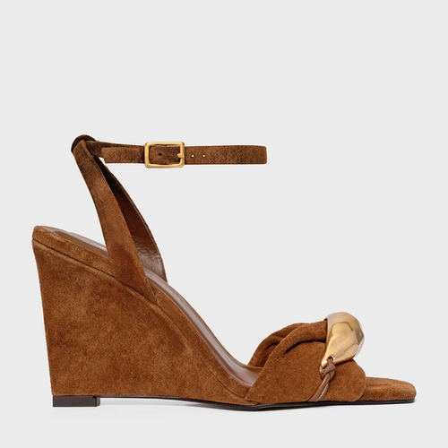 Sandália Gold Anabela Couro Suede Marrom Saddle