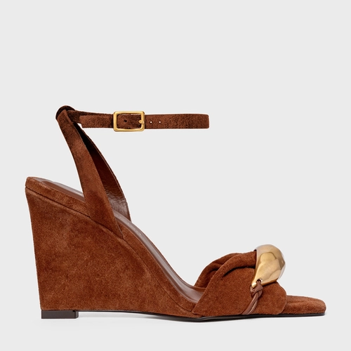 Sandália Gold Anabela Couro Suede Marrom Walnut