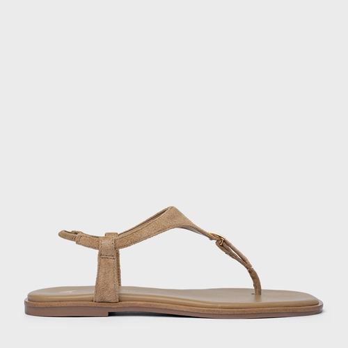 Sandália Rasteira Minimal Icon Couro Suede Bege Almond