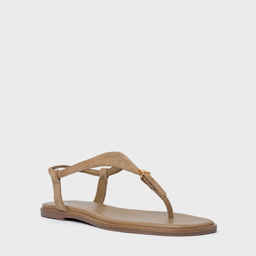 Sandália Rasteira Minimal Icon Couro Suede Bege Almond