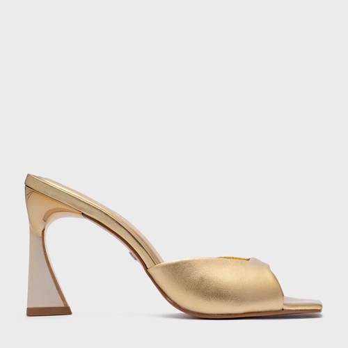 Open Mule Basic Salto Allure Couro Metalizado Dourado