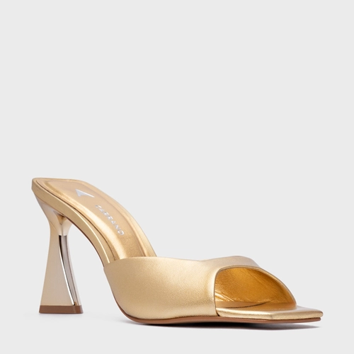 Open Mule Basic Salto Allure Couro Metalizado Dourado