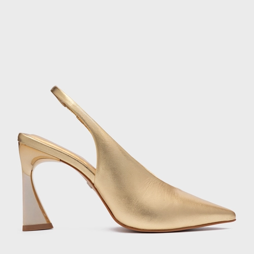 Scarpin Slingback Basic Salto Allure Couro Metalizado Dourado