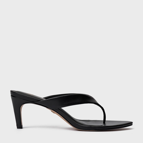 Open Mule Thong Everyday Salto Fino Couro Preto