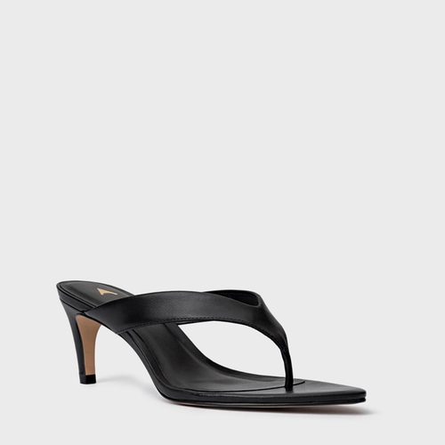 Open Mule Thong Everyday Salto Fino Couro Preto