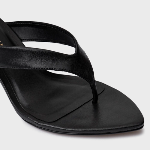 Open Mule Thong Everyday Salto Fino Couro Preto