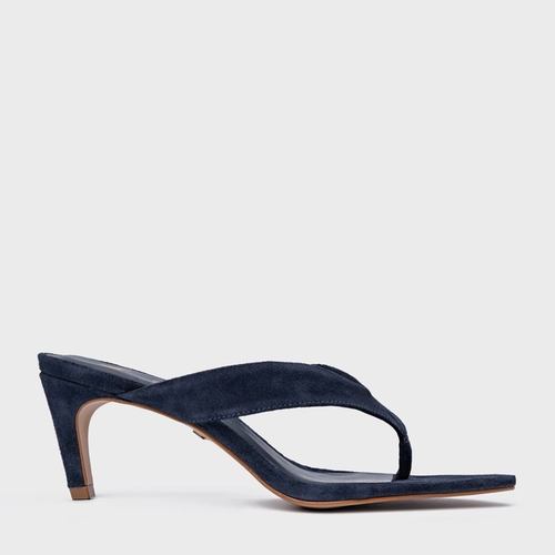 Open Mule Thong Everyday Salto Fino Couro Suede Azul Navy